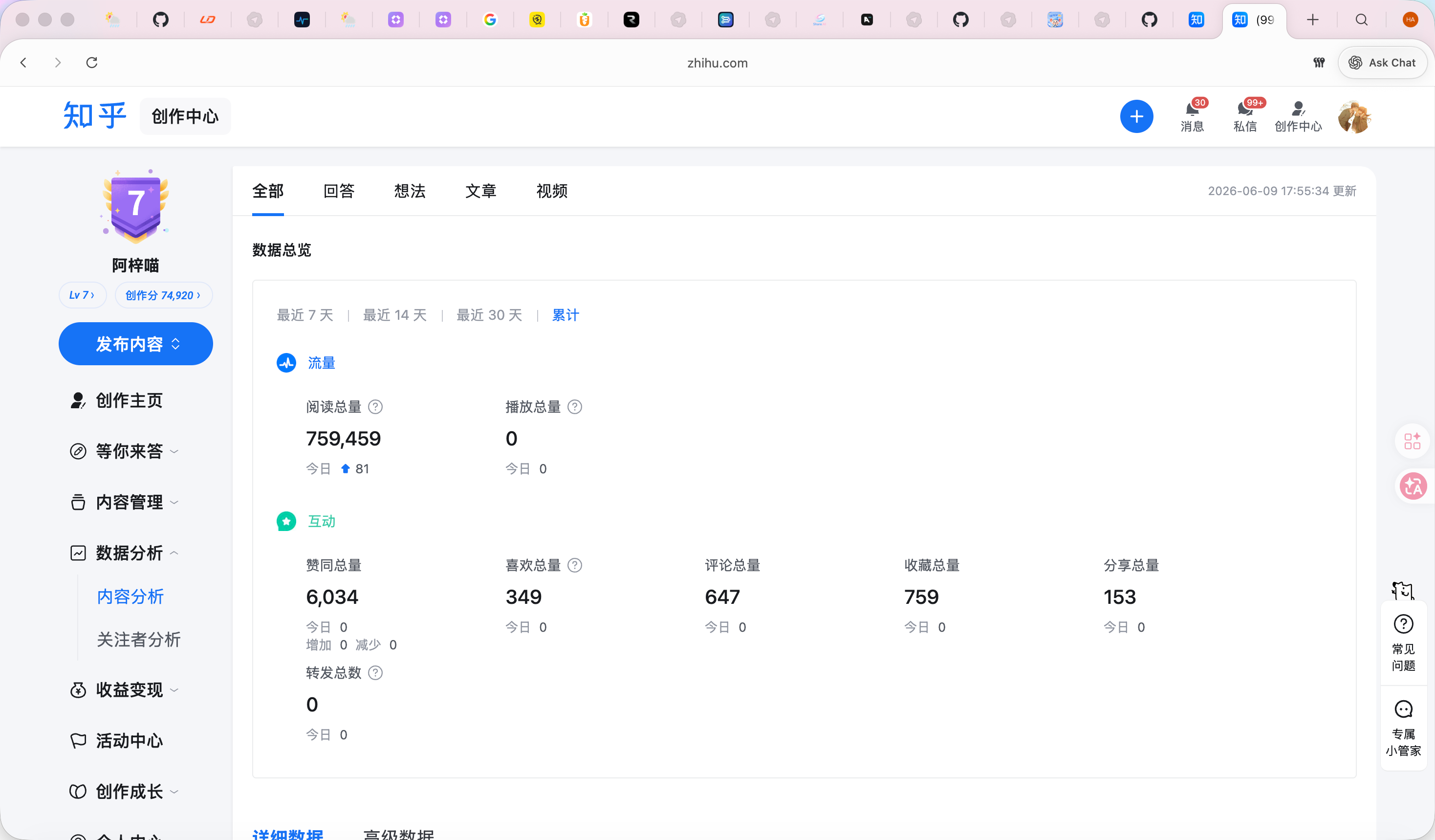 知乎累计阅读与互动数据截图